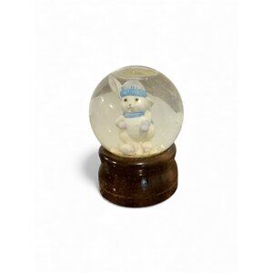 Vintage Snow Globe With Bunny Figurine In Blue Hat & Scarf Wood Base Collectible